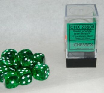 Chessex Dice D6 Sets: Green with White Translucent – 16Mm Six Sided Die (12) Block of Dice