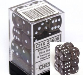 Chessex Dice d6 Sets: Smoke with White Translucent – 16mm Six Sided Die (12) Block of Dice
