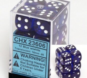 Chessex Dice d6 Sets: Blue with White Translucent – 16mm Six Sided Die (12) Block of Dice