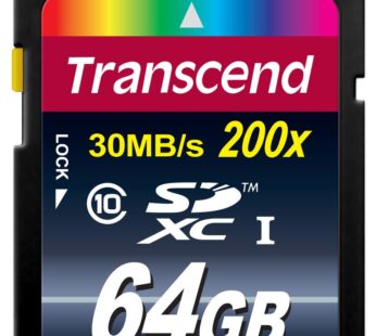 Transcend 64GB SDXC Class 10 Flash Memory Card Up to 30MB/s (TS64GSDXC10)