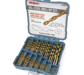 Hi-Spec 99pc Drill Bit Set SAE HSS Steel for Drill Drivers – 1/16 to 3/8″ Size Drill Bits