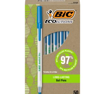 BIC Ecolutions Round Stic Ballpoint Pens, Medium Point (1.0mm), 50-Count Pack, Blue Ink Pe