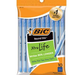 BIC Round Stic Grip Xtra Life Ball Pen, Blue, 10-Pack