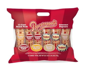 Popcornopolis Gourmet Popcorn Snacks, 12 Cone Variety Snack Packs (Gift Cone), Zebra Popcorn, Cheddar Cheese Popcorn, Caramel Popcorn & Kettle Corn Popcorn