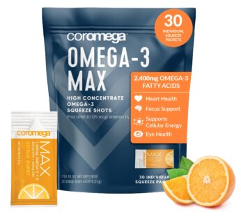 Coromega MAX High Concentrate Omega 3 Fish Oil, 2400mg Omega-3s with 3X Better Absorption Than Softgels, 30 Single Serve Packets, Citrus Burst Flavor; Supplement with Vitamin D