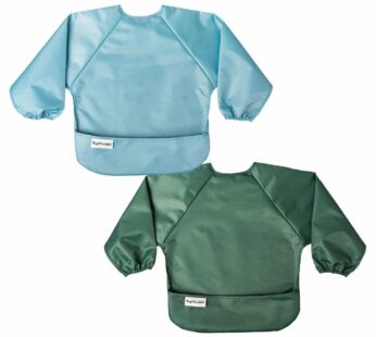 Tiny Twinkle Long Sleeve Bib for Babies & Toddlers | 2-Pack Waterproof Smock Bib for Eating | Machine Washable & Mess-Proof Feeding Essentials | Newborn Shower Gift (Slate Olive,6?24M)