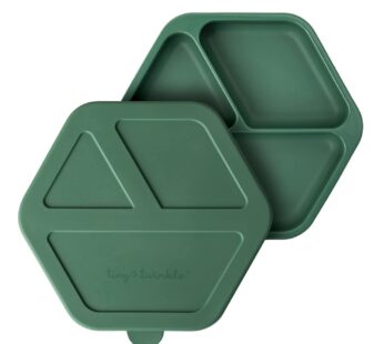 Tiny Twinkle Silicone Suction Baby Plate, Suction Grip Divided Dish for First Foods and Self-Feeding Toddlers, Baby Led Weaning Supplies for Independent Eating (Olive Plate with Lid)
