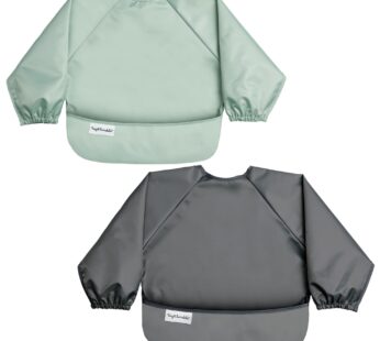 Tiny Twinkle Long Sleeve Bib for Babies & Toddlers | 2-Pack Waterproof Smock Bib for Eating | Machine Washable & Mess-Proof Feeding Essentials | Newborn Shower Gift (Sage Charcoal,6?24M)