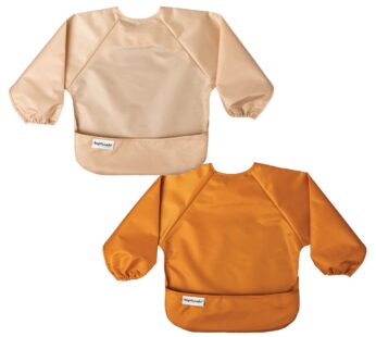 Tiny Twinkle Long Sleeve Bib for Babies & Toddlers | 2-Pack Waterproof Smock Bib for Eating | Machine Washable & Mess-Proof Feeding Essentials | Newborn Shower Gift (Sand Cinnamon,2-4Y)