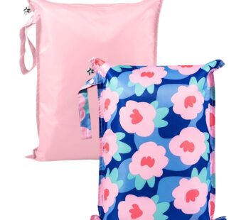 Tiny Twinkle Mess Proof Wet Bags | 2-Pack Reusable Waterproof Wet Bags for Swimsuits | Baby Clothes | Travel & Diaper Bag (Blue Floral)