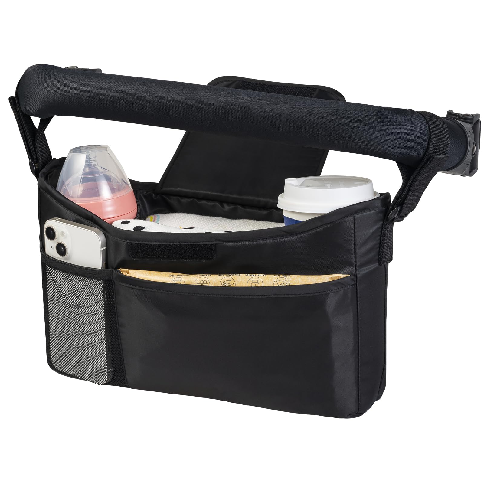 Tiny Twinkle Universal Stroller Organizer with Adjustable Strap - Waterproof Stroller Caddy Fits Baby Jogger, Nuna, Graco, Donna and Bugaboo Strollers_Black_