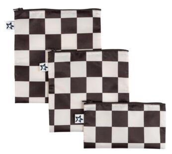 Tiny Twinkle Reusable Snack Bags for Kids ? 3 Pack Snack Pouches & Sandwich Bag for Toddlers ? Machine Washable, Mess-Proof for Lunch & Travel (Black Checkers)