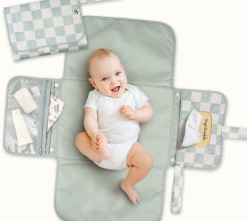 Tiny Twinkle Portable Diaper Changing Pad | Waterproof, Wipeable & Compact Baby Changing Pad for Travel | Smart Wipes Pocket & Organized Storage| Newborn Shower Gift (Sage Checkers)