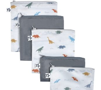 Tiny Twinkle 5 Pack Reusable Snack Bags – Machine Washable, PFAS, PVC, BPA, Phthalate-Free Reusable Baby and Toddler Food Safe Snack Bags (Dinosaur)