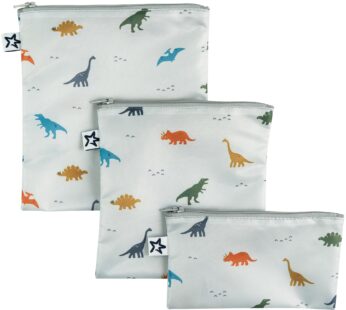 Tiny Twinkle Reusable Snack Bags for Kids ? 3 Pack Snack Pouches & Sandwich Bag for Toddlers ? Machine Washable, Mess-Proof for Lunch & Travel (Dinosaur)