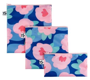 Tiny Twinkle Reusable Snack Bags for Kids ? 3 Pack Snack Pouches & Sandwich Bag for Toddlers ? Machine Washable, Mess-Proof for Lunch & Travel (Blue Floral)