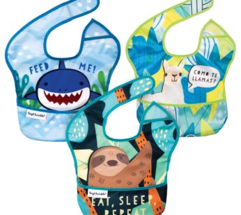 Tiny Twinkle Mess-Proof Baby Bib – Waterproof Bib for Baby Boy or Girl – Machine Washable – Adjustable Closure – PVC BPA & Phthalate Free -Great for Travel – Baby Food Bibs (3 Pack, Sloth, Shark,